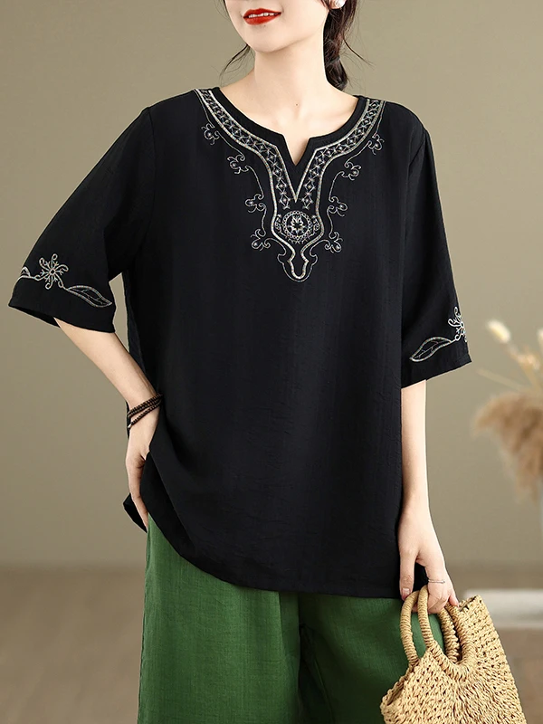 プラスサイズの女性の綿麻刺繍半袖 Tシャツラウンドネックルーズ痩身トップ夏新着通勤スタイル