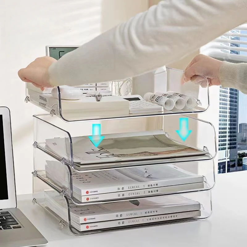 Transparent Desktop File Tray Stackable Large Capacity Stationery Book Storage Rack Jewelry A4 Paper Organizer Home Office