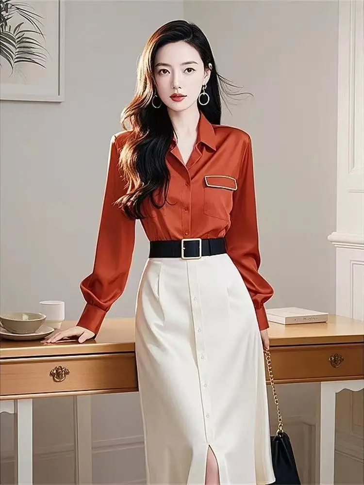 

RAIN YAN LIN Spring New Elegant Women's Suit Fashion Polo Long Sleeve Shirt + High Waist Slim Midi Skirt Office Lady 2 Pcs Set