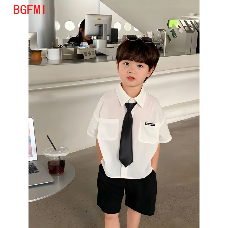 

Teens Boys Summer Set Children's Wear Thin 2024 New Handsome British Style Boy White Cotton Short Sleeved Shirt+Black Shorts+Tie