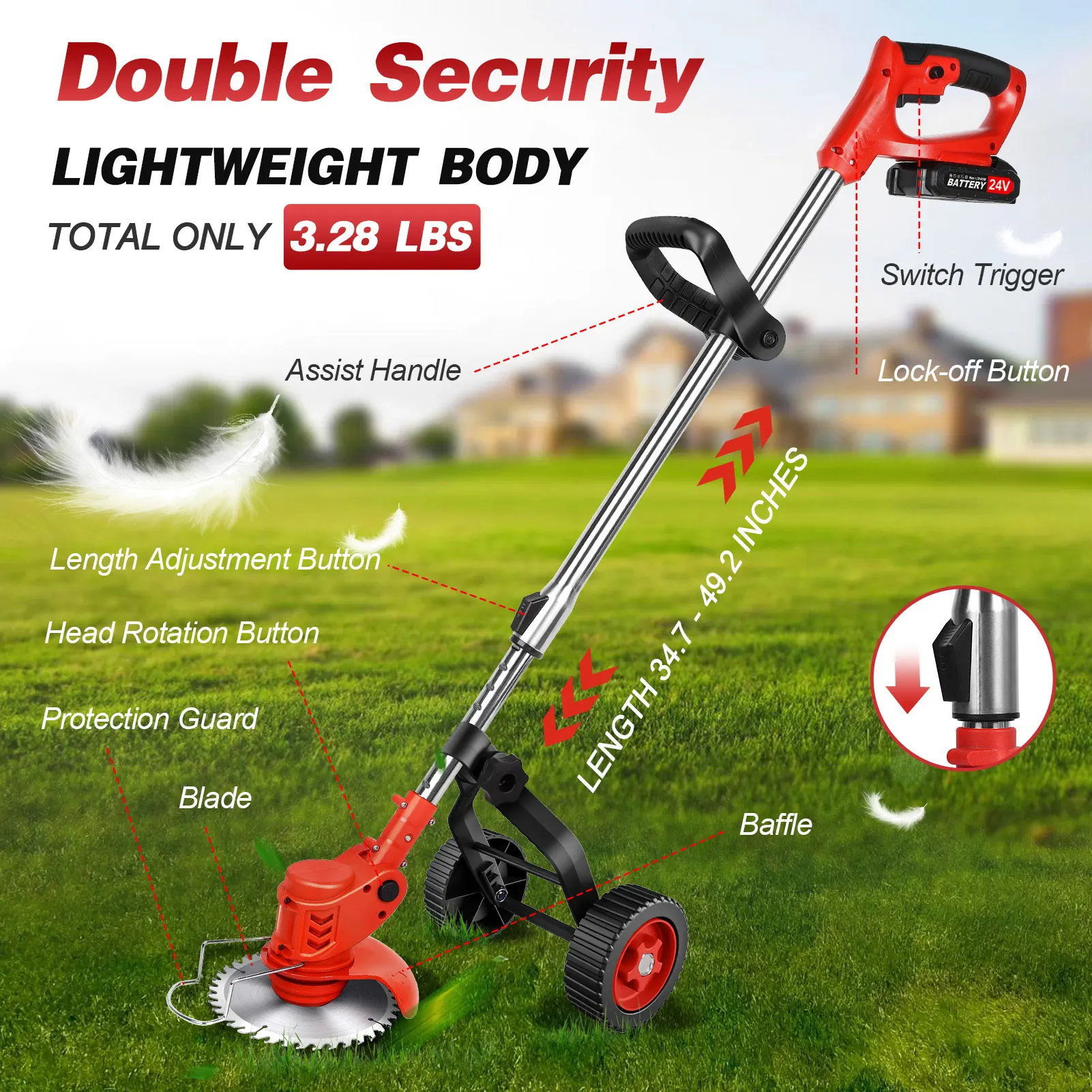 24V Electric Cordless Grass Trimmer Lawn Mower Hedge Trimmer Adjustable Handheld Garden Power Pruning Cutting Power with Wheels