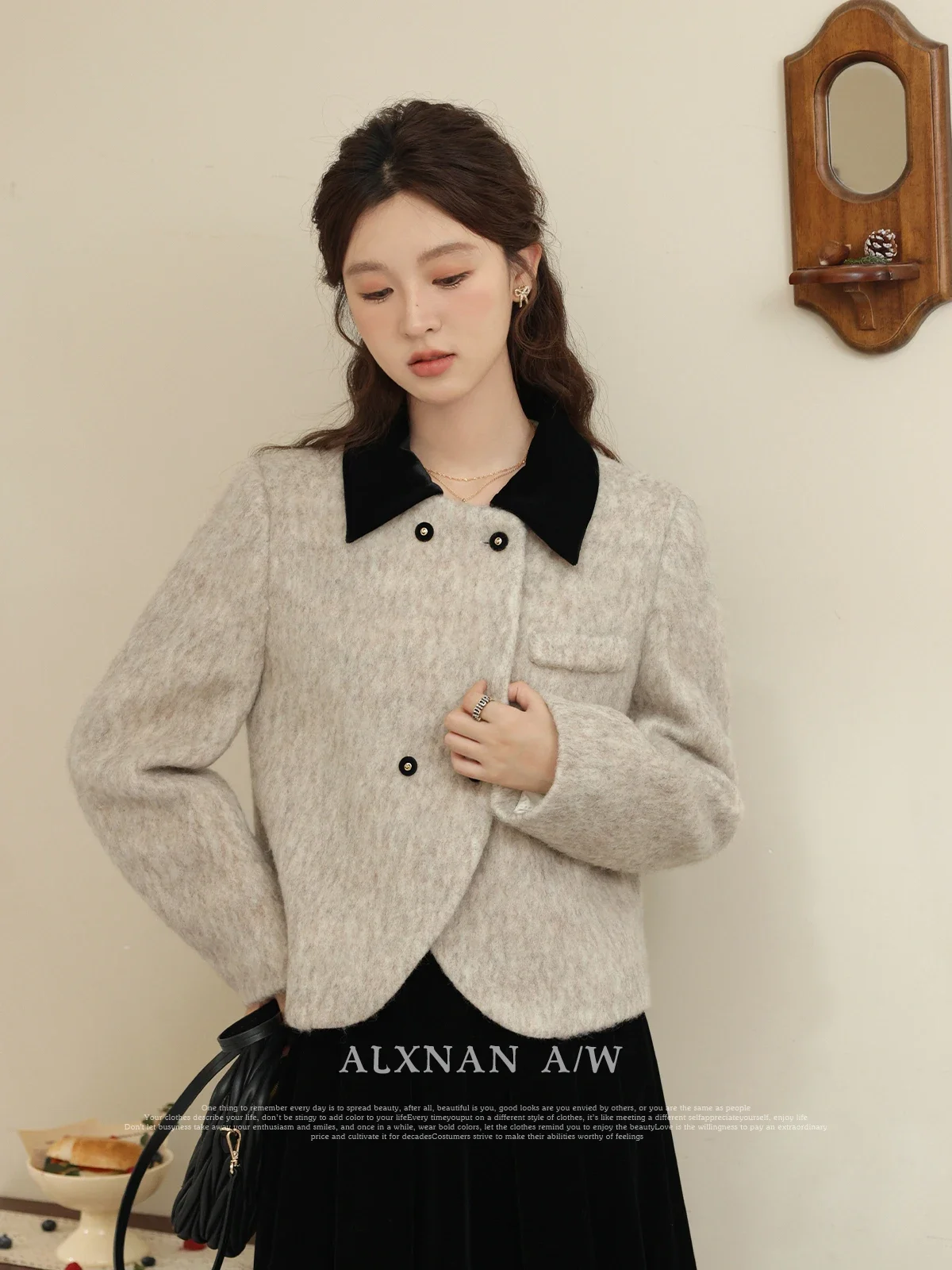 

ALXNAN Gray Cropped Woolen Coat Women 2024 Autumn Winter Commuter Elegant Patchwork Straight Long Sleeve Outerwear LXN32816