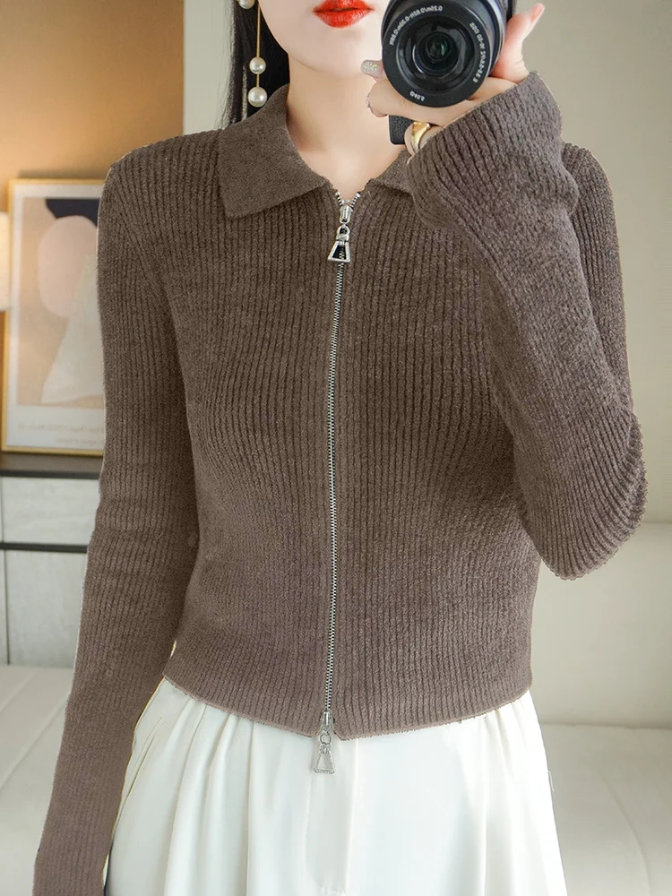 Women Autumn Winter Soft Wool Sweater Polo Collar Thicken Knitted Double Zipper Cardigan Basis ​Short Top Wool  Female Coat