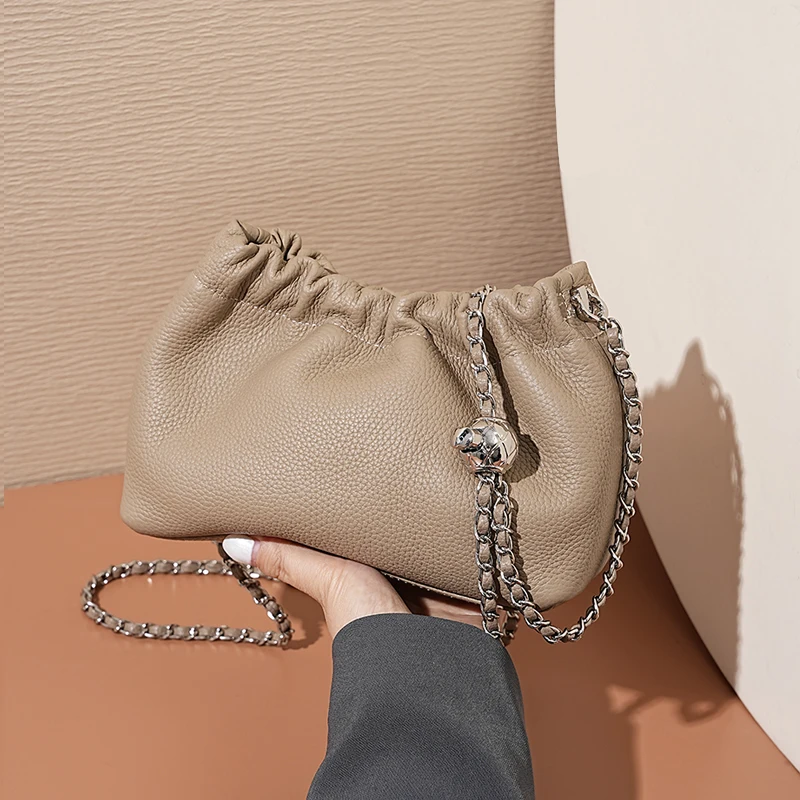 

Women Real Cowhide Chain Shoulder Bag Versatile Crossbody Tote Bag Casual Pleatd Hobo Bag Satchel Sling Bag Girl Stylish Purse