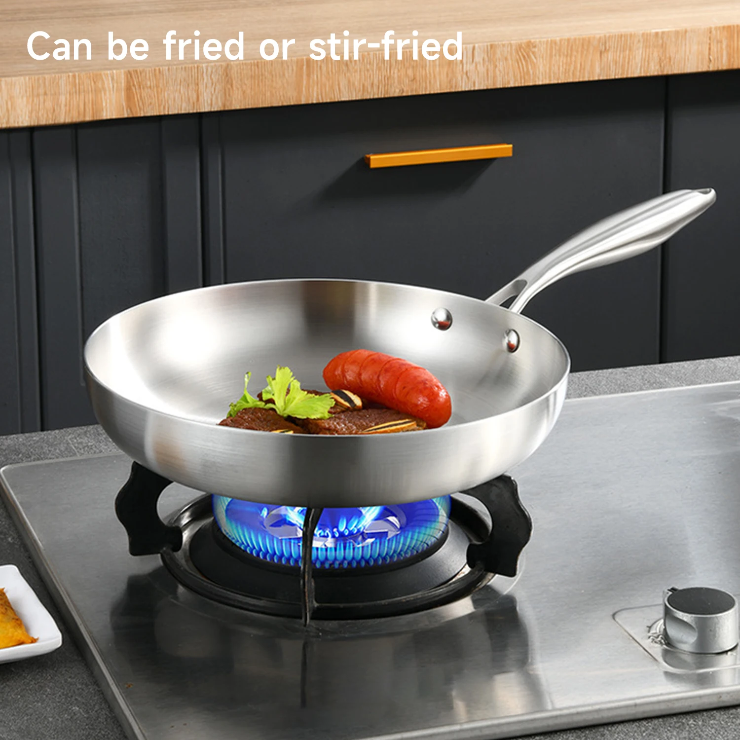 24cm Stainless Steel Frying Pan NonStick Pan Fried Steak Pot Uncoated Kitchen Cookware For Gas Stove And Induction Cooker