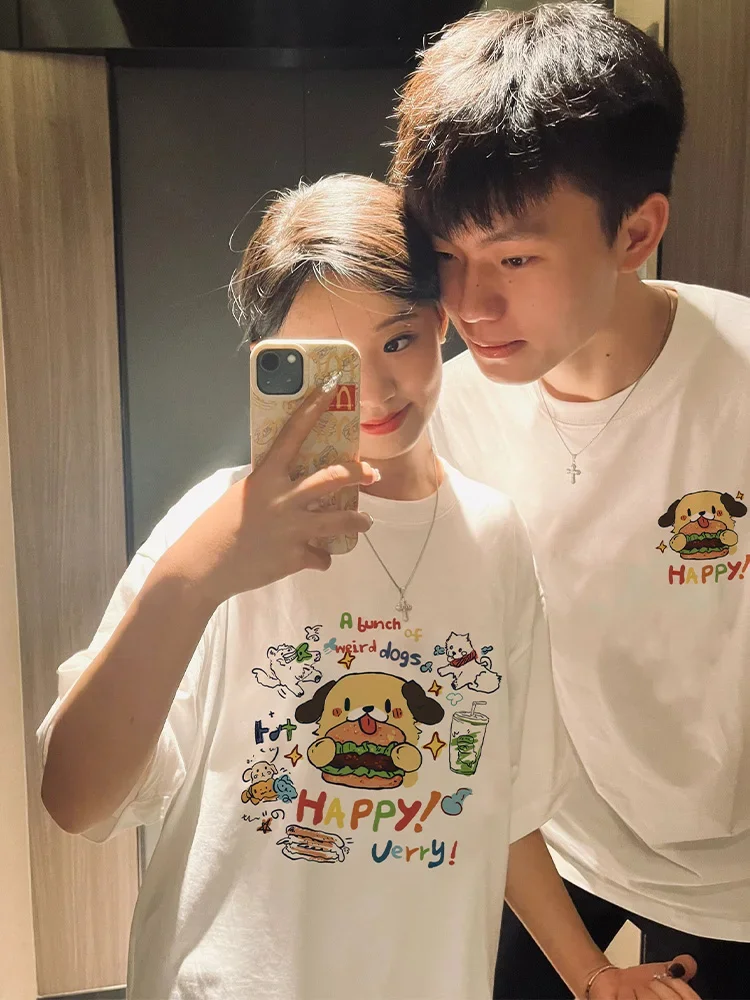 

Summer American Kawaii Pattern Couple T-shirt 2025 New Hamburg Puppy High Quality Street Clothing Cotton Retro Half Sleeve Top