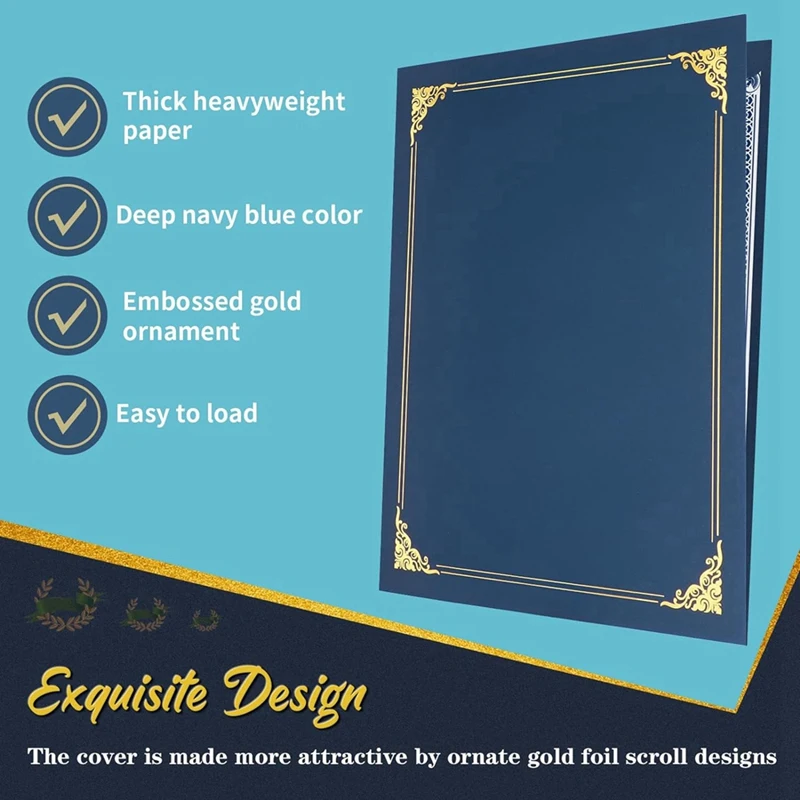 25 PCS Certificate Holders, Diploma Holders Certificate Covers With Gold Foil Border Blue Paper For Letter Size 8.5X11 Inch