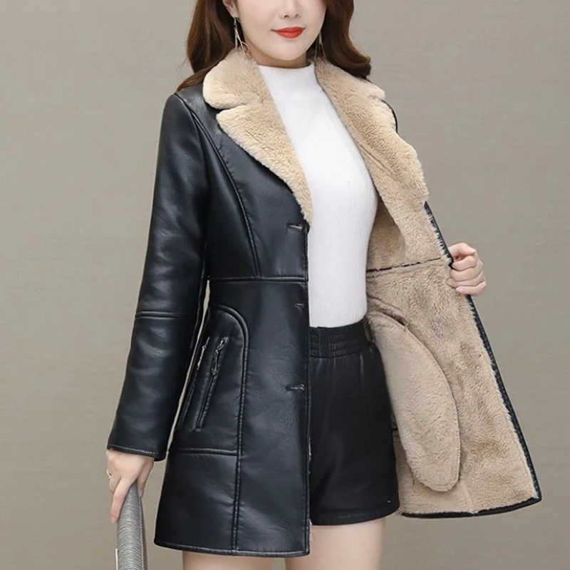 Women Faux Leather Jacket Thick Velvet 2024 New Korean Autumn/Winter Long Slim Fit PU Coat