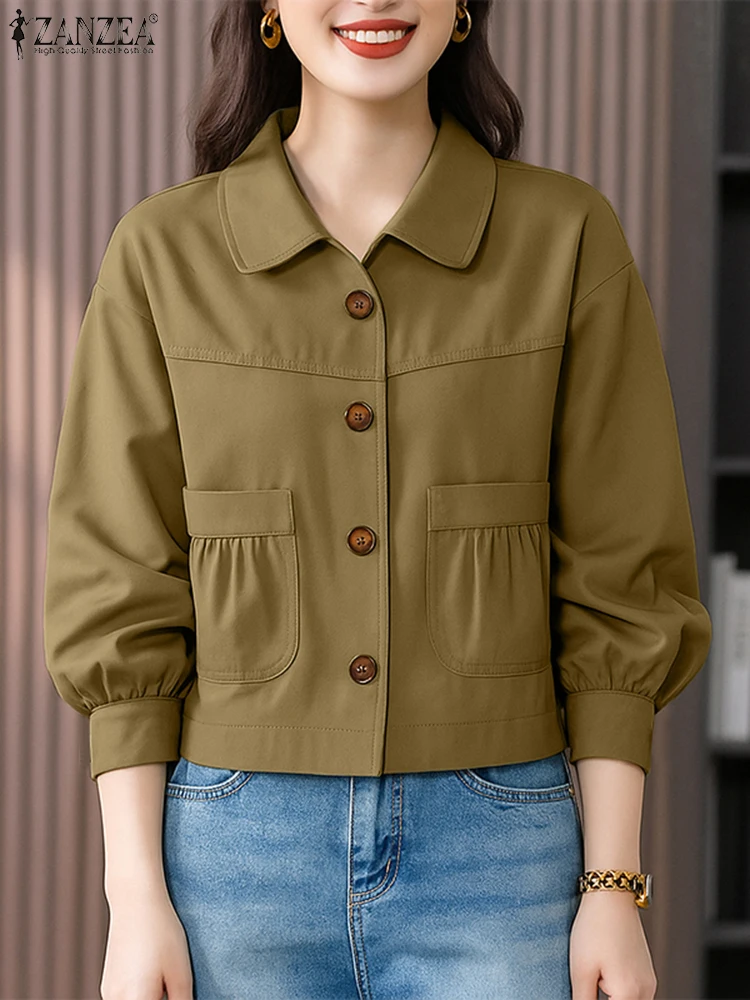 

ZANZEA Women's Autumn Lightweight Short Jackets Casual Turn-Down Collar Long Sleeve Button Up Solid Color Outerwear 3 Colors 3XL