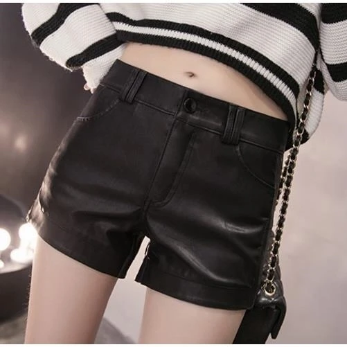 Pu Leather Women Shorts High Quality Faux Leather Shorts England Style High Waist Regular Fit Shorts Femme Womens Clothing T366