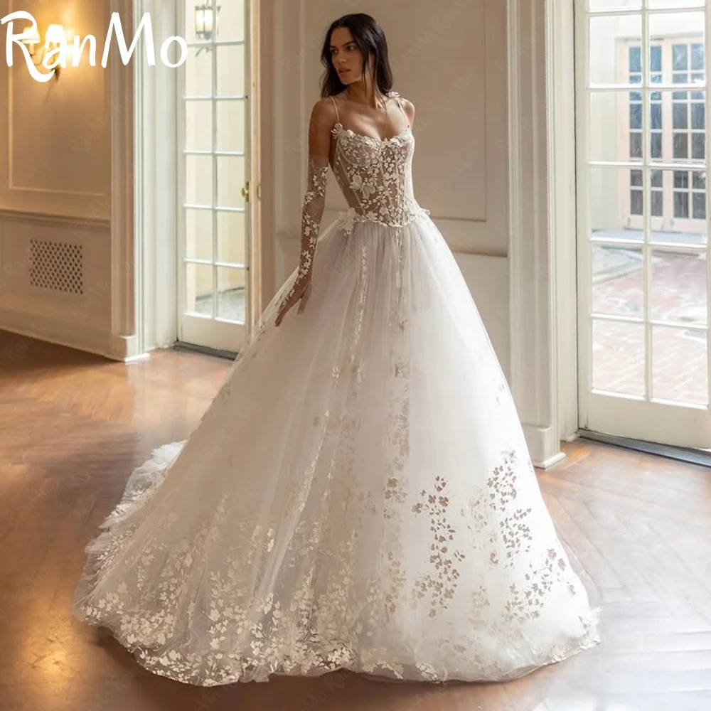 

Ranmo 2025 очаровательное свадебное платье с кружевной аппликацией и 3D бабочкой, иллюзия, аппликация на тонких бретельках, свадебное платье 2025, индивидуальное
