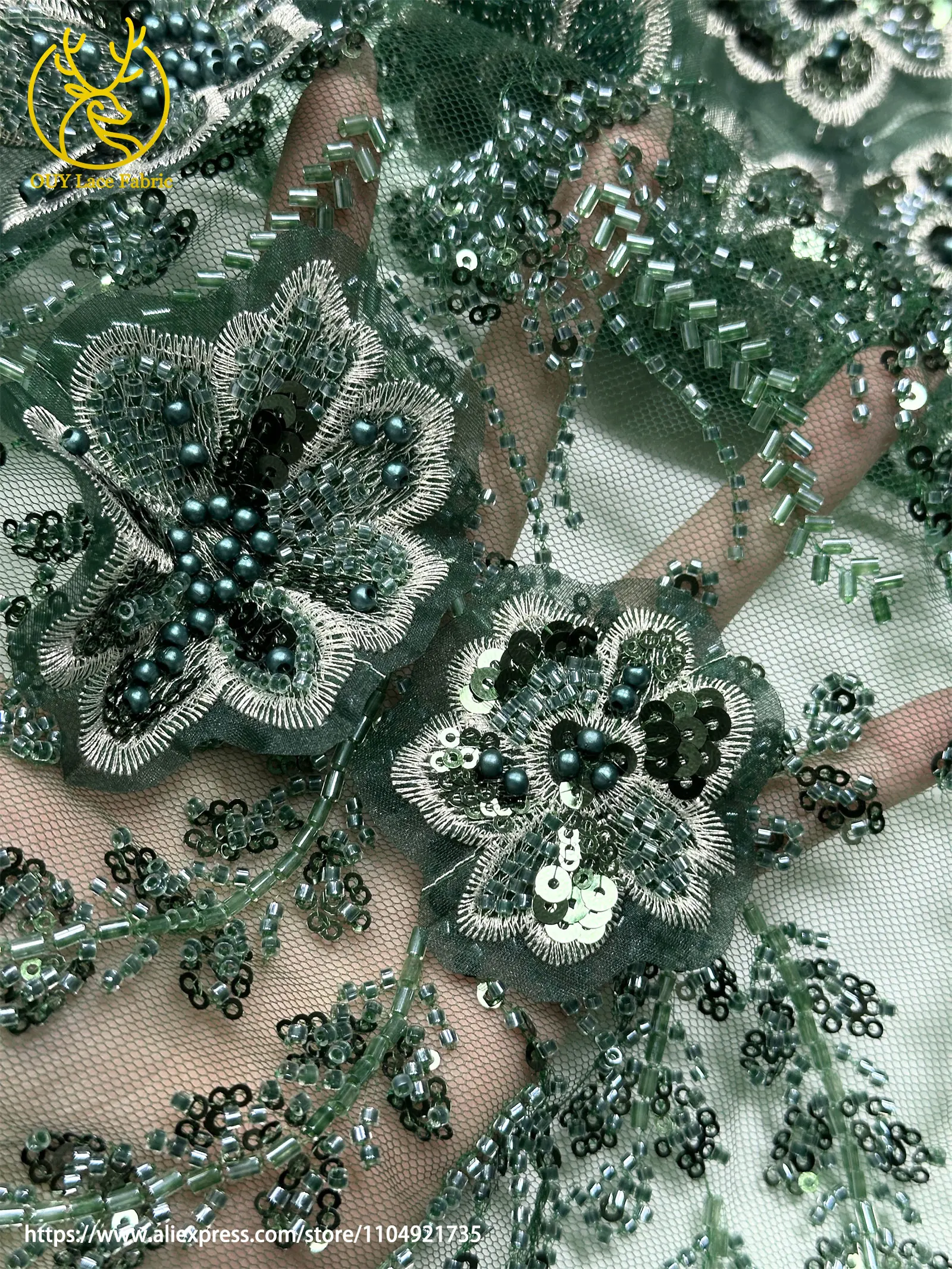 Afrikanischer Perlenstickerei-Spitzenstoff 2026 Hochwertige Französische 3D-Blumen-Pailletten-Stickerei Tüllspitze für Party- und Hochzeitskleider – Detail 10