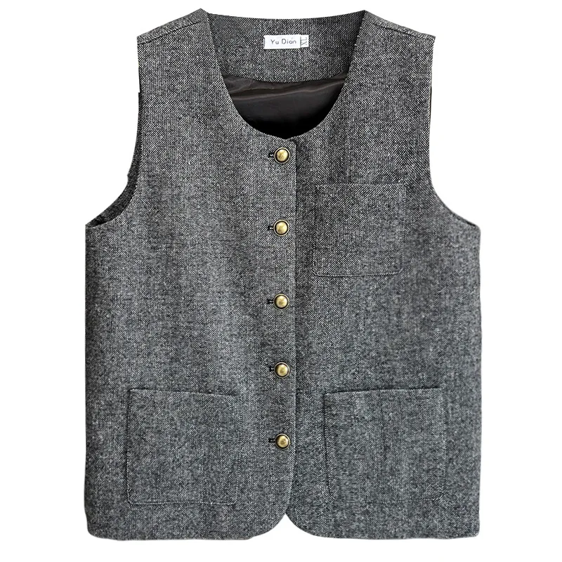 Plus Size Damesvest Herfst Nieuw Losse Chique Ronde Hals Temperament Tweed Mouwloos Jasje 2433