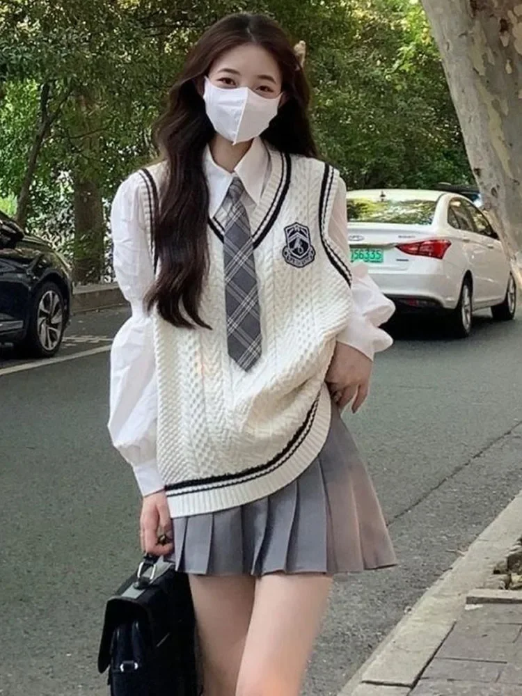 Japanese Cute School Uniform Women Korean Winter Knitting Sweater Skirt Sets V-neck Long Sleeve Jk Uniform School Girl Cosplay