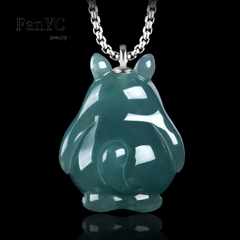 Myanmar Jadeite Blue Water Three-dimensional Totoro Cartoon Pendant Luxury Fashion Ice Type Jade Necklace Gift for Men and Women