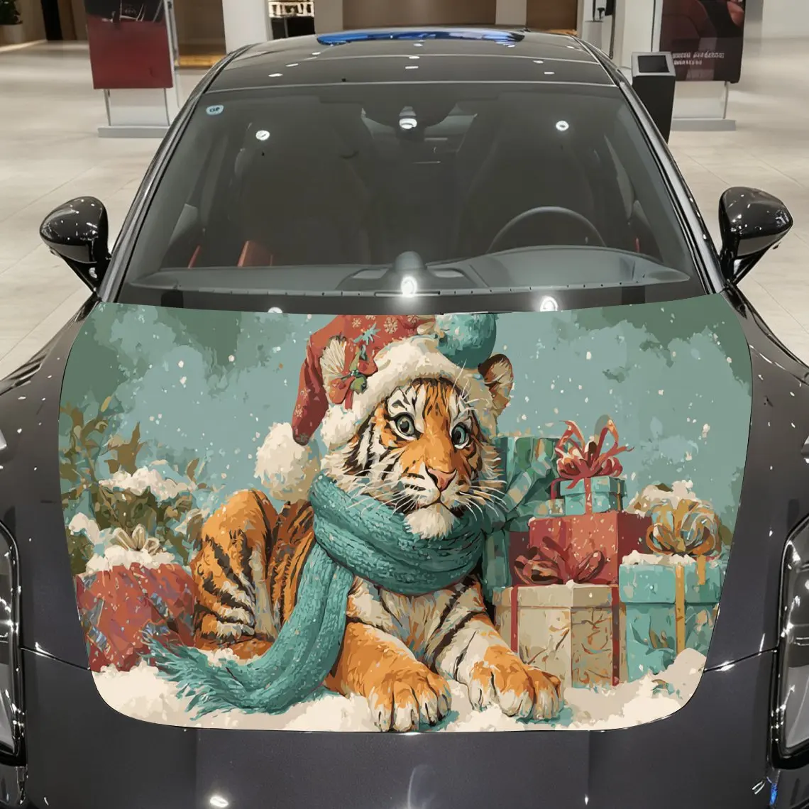 Cheerful Christmas Tiger and Gifts Car Cover Sticker, Auto Hood Decal, Car Exterior Scratch Resistant Decal, Trendy Gift for Car