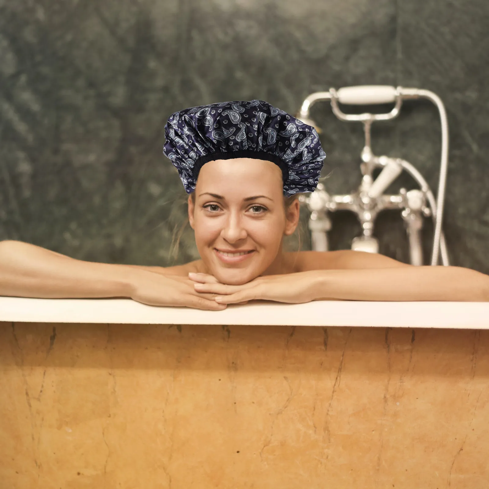 Three Layers Waterproof Bath Cap Printed Shower Hat Loose Straps Adjustable for Big Curls Braids Reusable Shower Caps for Women