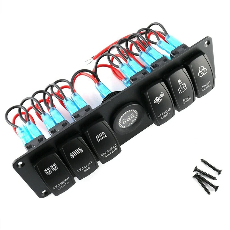 12V 6 Gang Toggle Rocker Switch Panel Colorful LED Voltmeter For RV Car Marine Boat Switch Panel Led Switch Panel Auto