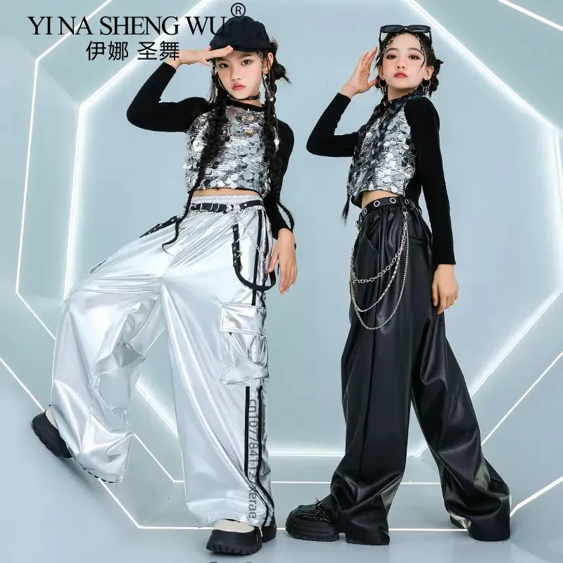 Costume de danse Jazz pour filles, ensemble à paillettes argentées et noires, tenue de spectacle de danse de rue, vêtements de fête de compétition de Ballet Hip Hop pour enfants