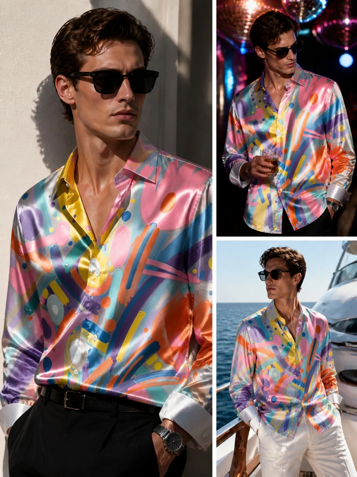 Mens Satin Long Sleeve Button Down Printed Dress Shirt Polished Glossy Fabric Modern For Office Desk Commute Business Everyday W
