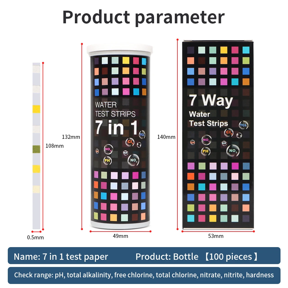 Striscia reattiva per la qualità dell\'acqua da 100 pezzi 7 in 1 striscia reattiva per acqua potabile per piscina rubinetto cloro residuo valore PH