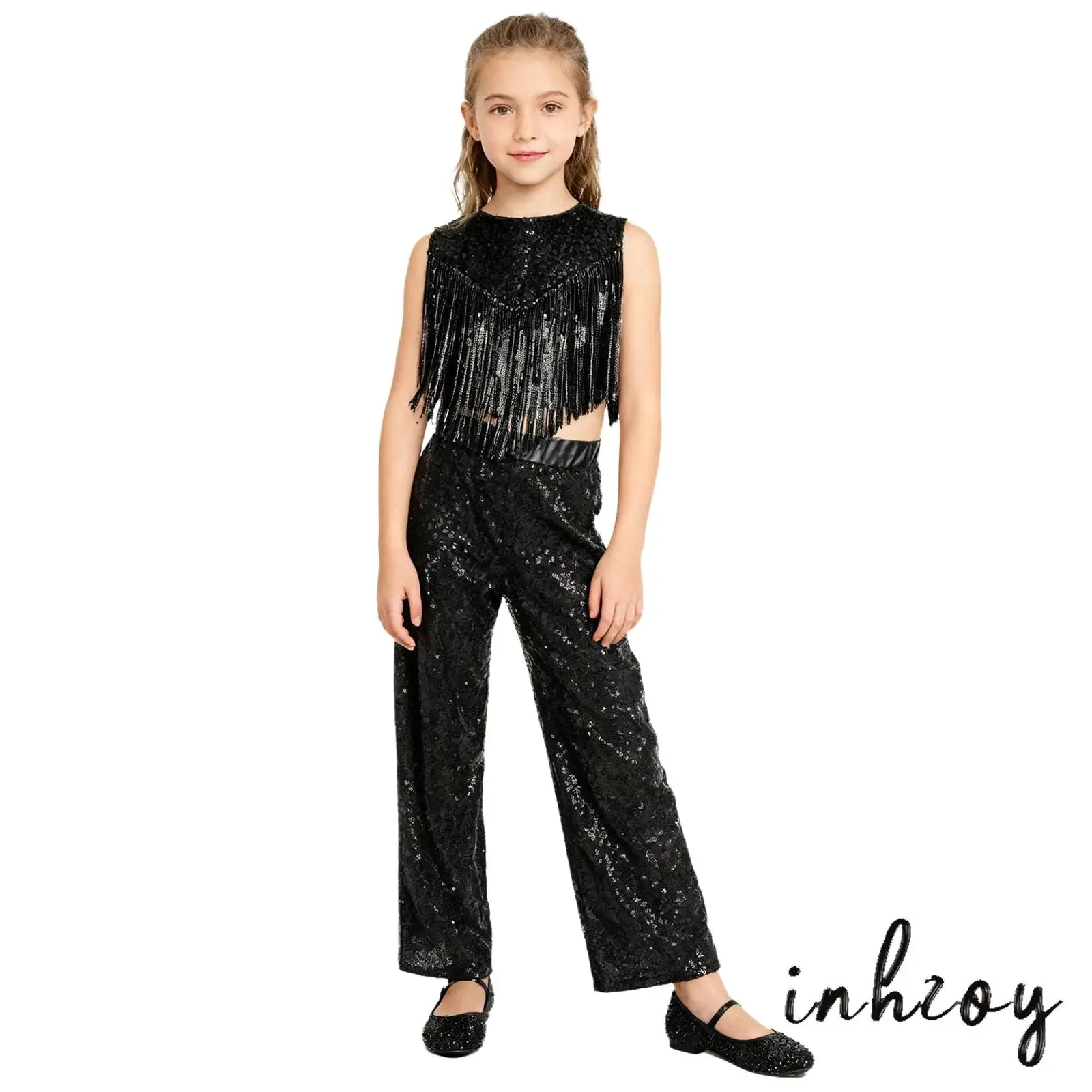 

Children Girls 2Pcs 70S Disco Outfit Metallic Gloss Shiny Sequins Top with High Waist Loose Trousers Set for Jazz Street Dance