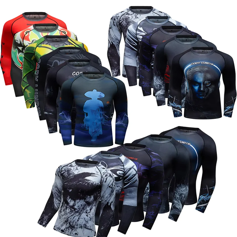 BJJ Rash Guard 3D Design MMA T-shirts With Animal Print Boxing Rashguard For Men Long Sleeve Compression Grappling Fitness Wear