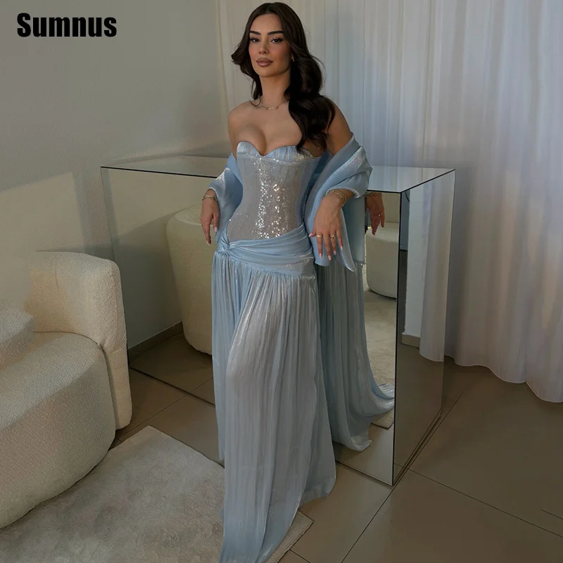 Vestido de Festa Maxi Sumnus Romântico Azul Celeste com Decote Coração, Pregas e Lantejoulas 2026 com Xale - Vestidos Personalizados
