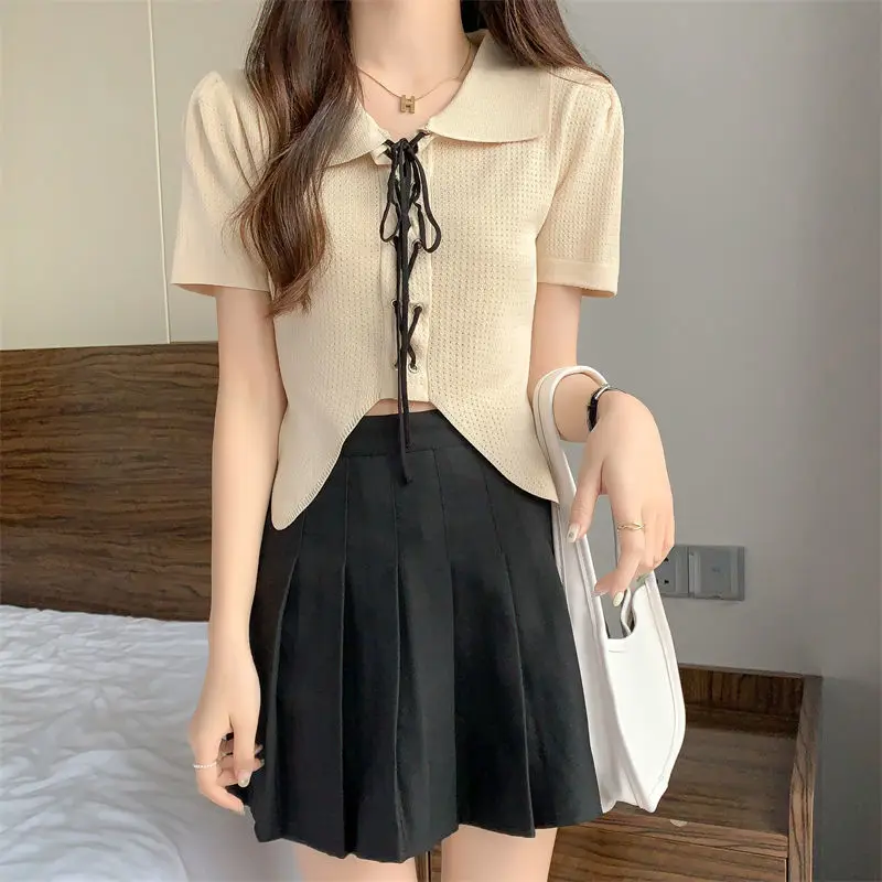 Contrast Color Polo Collar Shoulder Knitted Short Sleeves T-shirt Women's Summer Slim-Fitting Design Lace-up Short Crop Top D567
