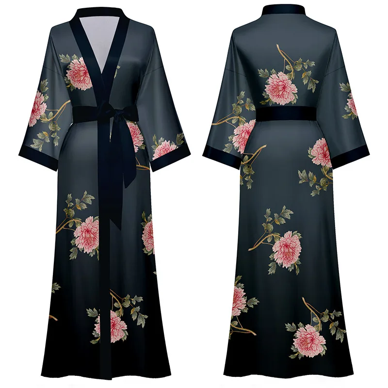 Retro Chinese Style Print Sleepwear Women Long Robe Summer Satin Sleepwear Nightdress Half Sleeve Kimono Bathrobe Gown Home Wear