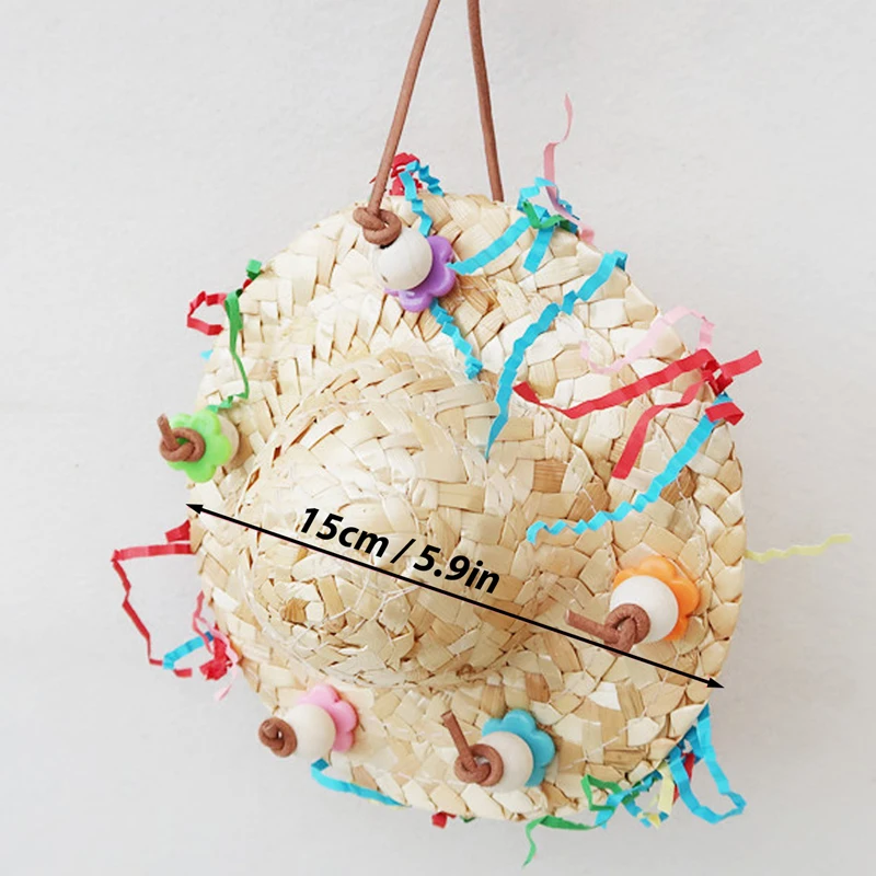 Handmade Straw Weaving Cap Shape Parrots Chew Toy Birdcage Hanging Swing Toy Bird Chew Toy Standing Perches for Cockatiel Conure