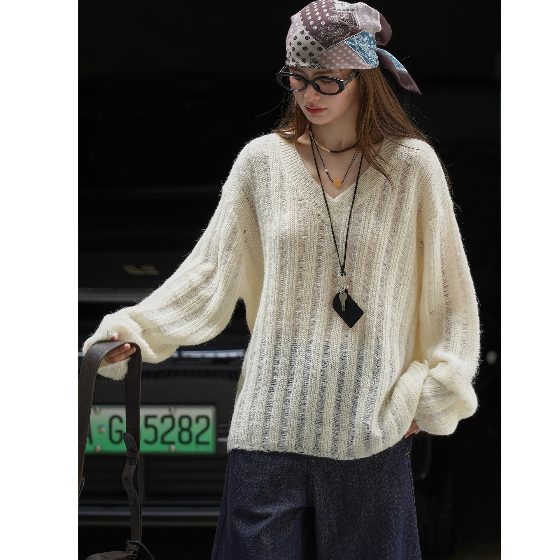 SuperAen Jesień Nowy Koreański Styl Dekolt V Oversize Wełniany Sweter Damski Luźny Elegancki Pulower Top