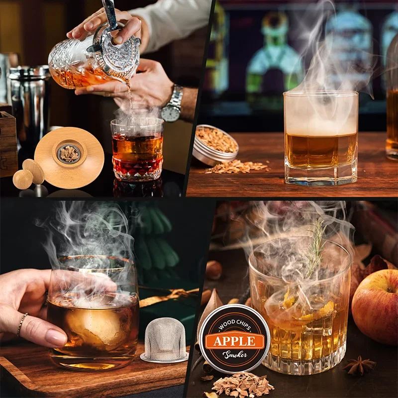 Premium Whiskey Cocktail Smoker Kit With 6 Wood Chips & Metal Filters,fast Oxidation Aerator Bar Tool Set For Home/luxury Gifts