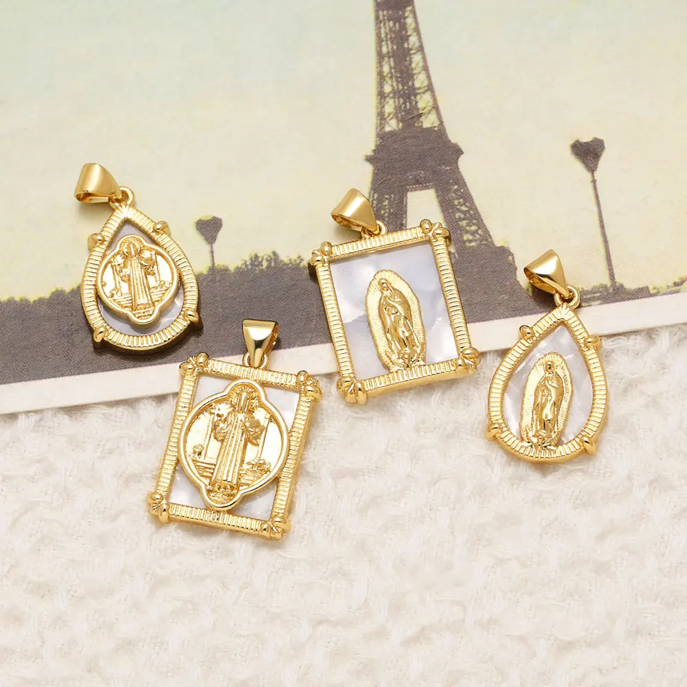 OCESRIO Gold Plated Brass Shell Virgin Mary Pendant for Necklace waterdrop Square Religious Charms Jewelry Accessory pdtb888