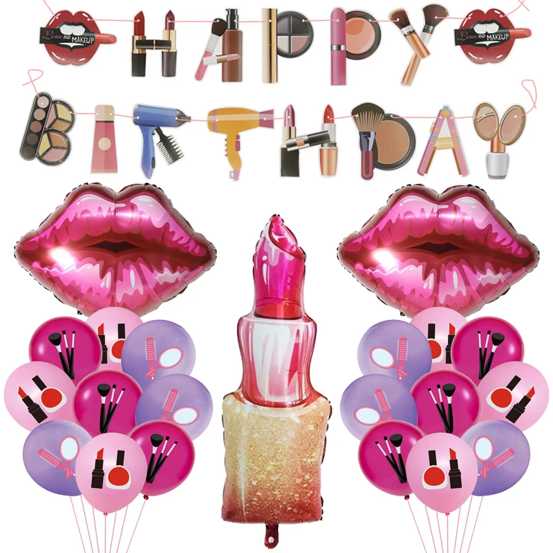 Girls Party Happy Birthday Decorations Makeup Lipstick Sexy Lip Foil Latex Balloons Banner Adult 18 Yrs Old Bar Mitzvah Kids Toy