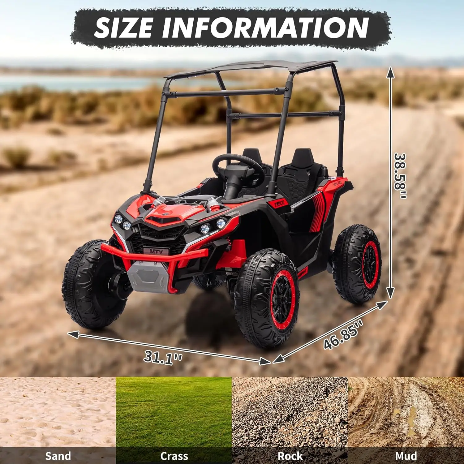 24V Kids 2 Seater 4WD Electric UTV Truck, Remote Control Off Road Ride On with Sun Shade 4 Shock Absorbers, LED Lights, Music