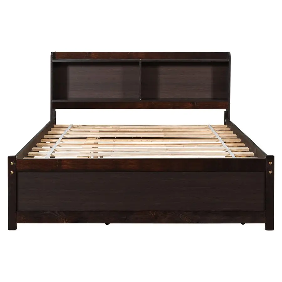 Harper Bright Designs Full Size Bed Frame with Bookcase Headboard, Wooden Full Size Platform Bed with Trundle and Storage for K