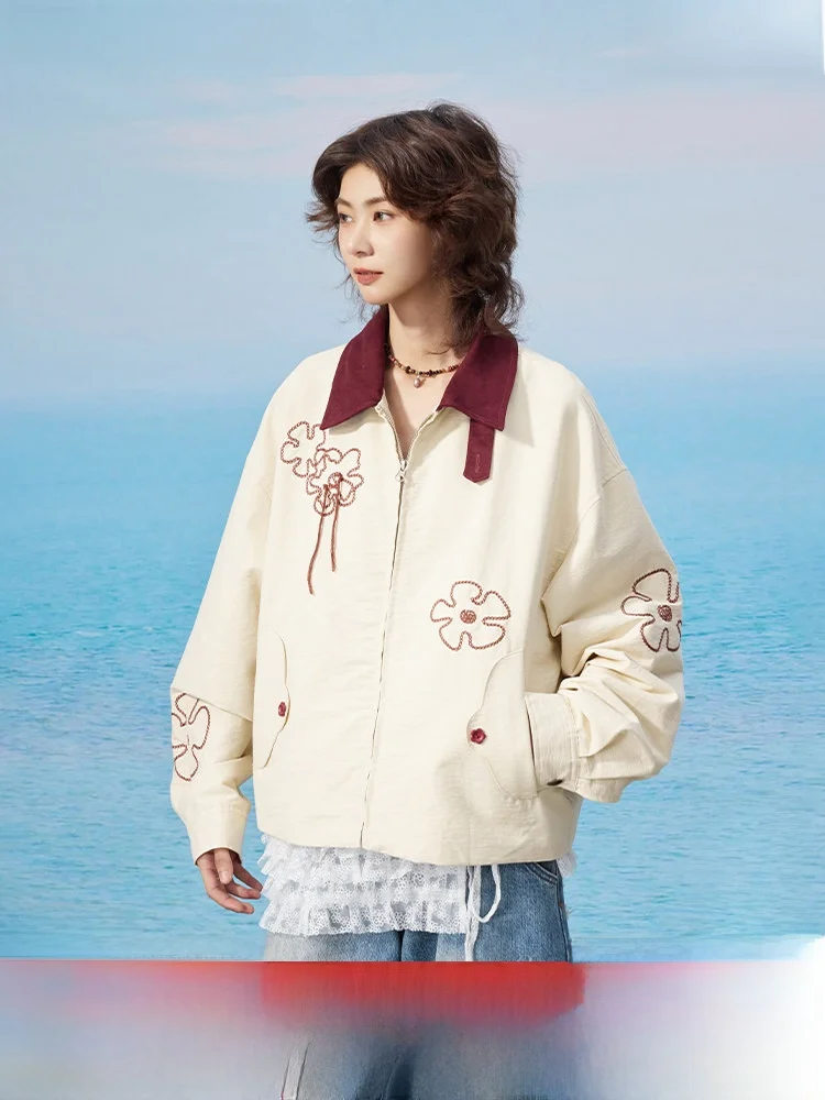 

Maood Повседневная цепочка с вышивкой Jaet, бамбуковая текстура, цветной воротник, смесь хлопка, женское пальто, оригинальный дизайн