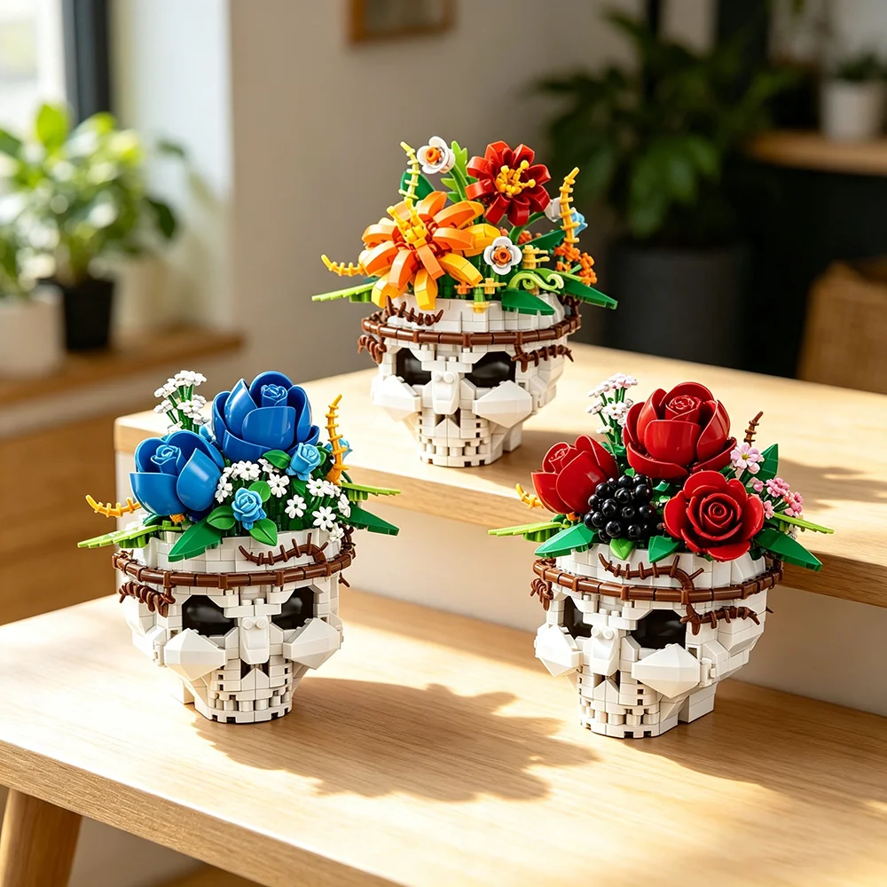 Gothic Skull Floral Potted Blocks Set DIY Artificial Flower Skeleton Model Home Desk Halloween Decor Collectible Ornament Gift