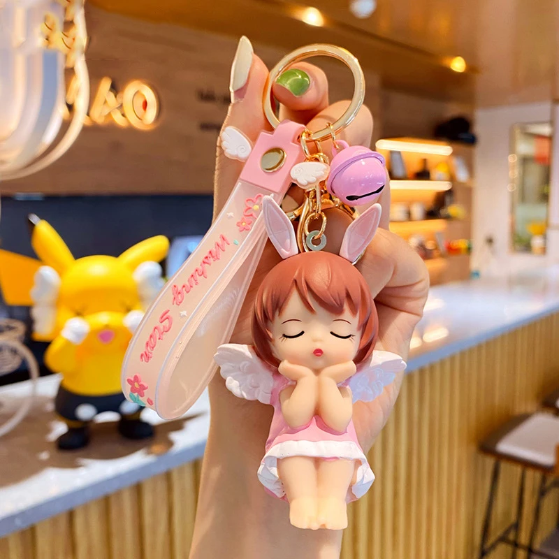 Cute Vinyl Pink Annie Angel Baby Key Chain Female Student Bag Charm Gift Cartoon Lovely Sakura Rabbit Ears Praying Angel Keyring