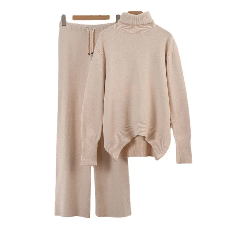 Solid Color High-neck Sweater + Wide-leg Knit Pants Two-piece Set 2024 Versatile Loose Sweater Suit for Winter.