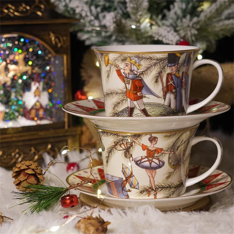 Bone China Cup and Saucer Nutcracker Couple's Cup Gift Box Coffee Cup Saucer Set Holiday Gift Ceramics Home Kitchen Drinkware