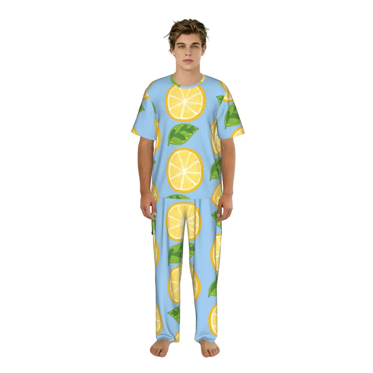 

Men Pajamas Suit Short Sleeved Long Pants Yellow Lemons Green Leaves Sleepwear Summer Home Clothing Set