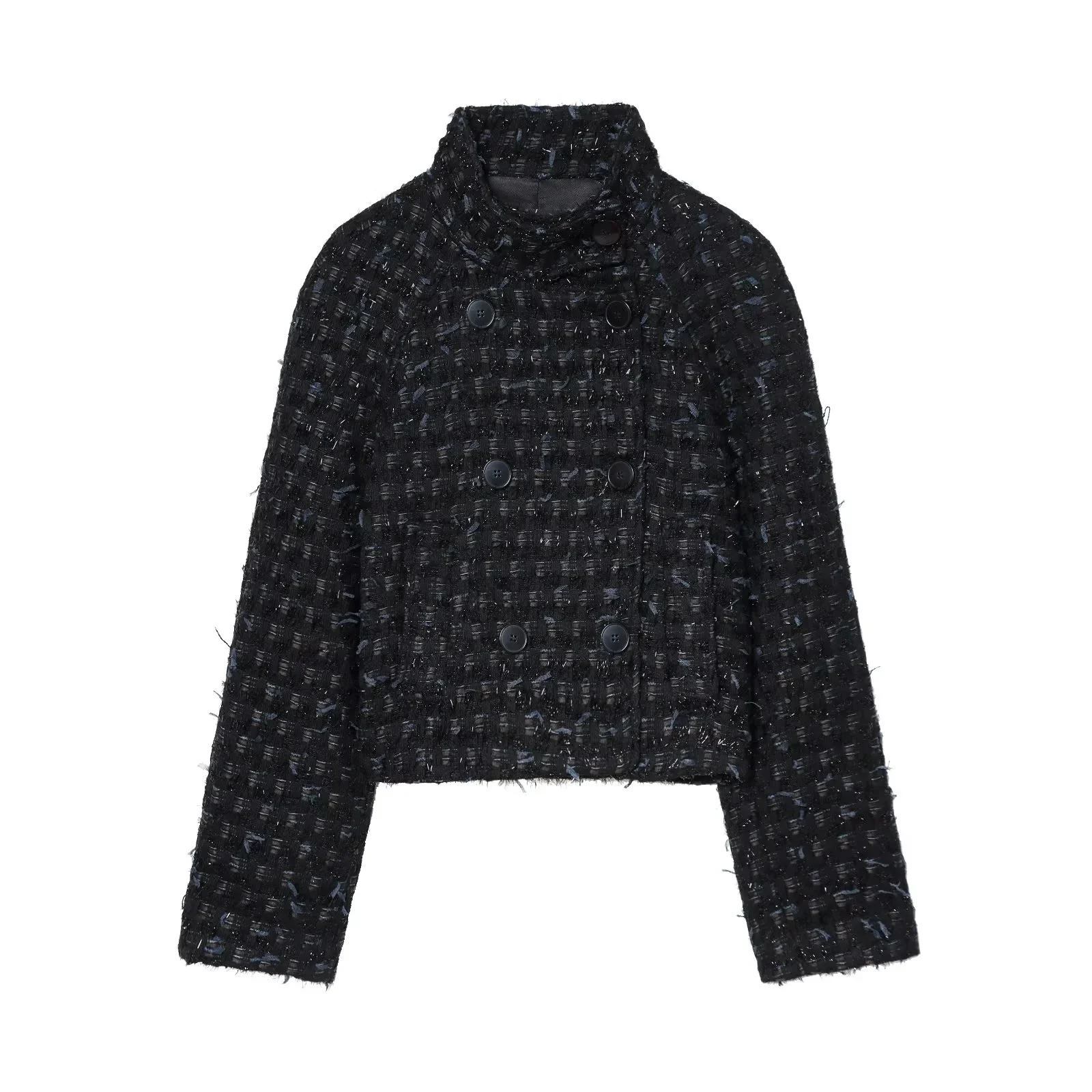Winter New Women's Design Stand Collar Long Sleeve Metal Color Thread Construction Double Button Coat French Style Polyester ...