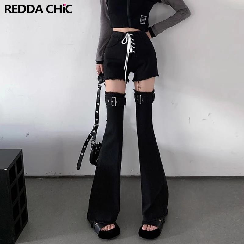 ReddaChic Vintage Women 2-Piece Shorts Set Black High Rise Lace-up Shorts with Denim Leg Warmers Frayed Raw Edge Acubi Fashion