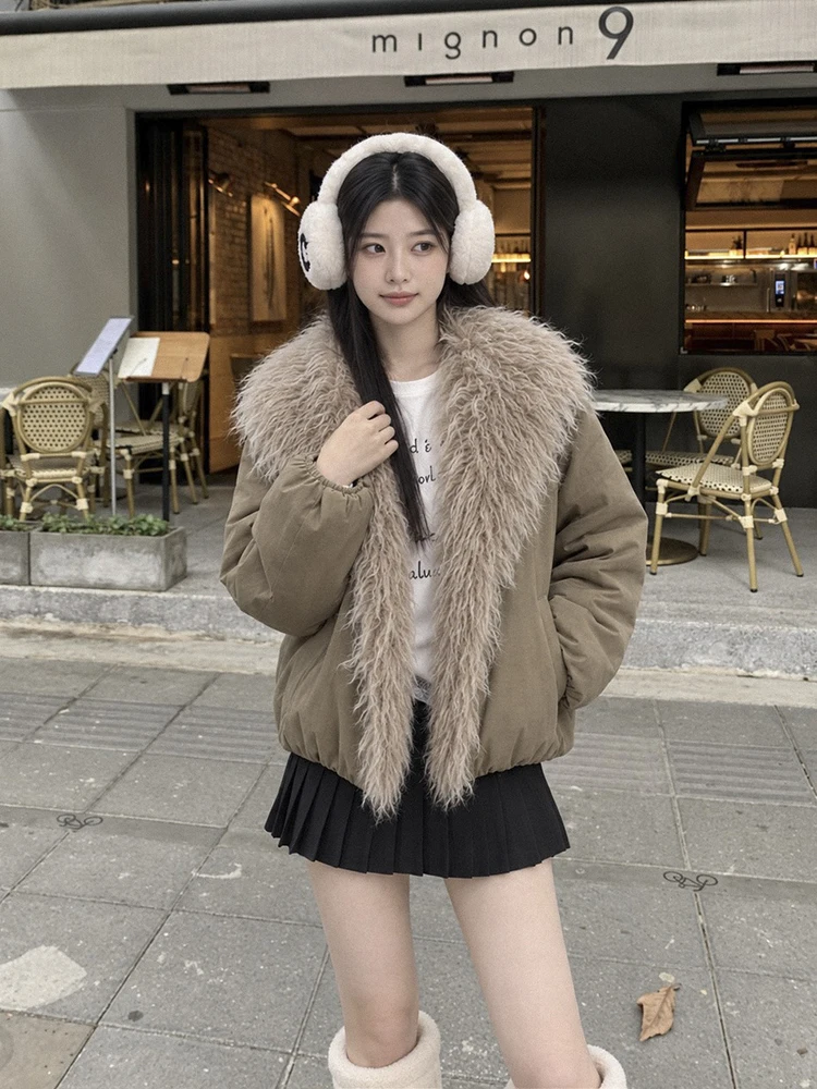 Winter Female Warm Horn Button Parker Plush Jacket Natural Large Fur Collar Down Jacket Women White Duck Down Thick Fur Outwears