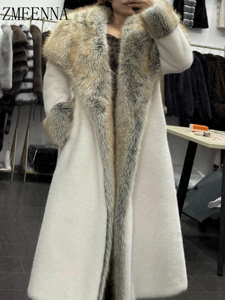 

ZMEENNA Women's Long Faux Fur Coat Elegant White Winter Plush Jacket Warm Outerwear Chic Full Length With Trim ZM3725