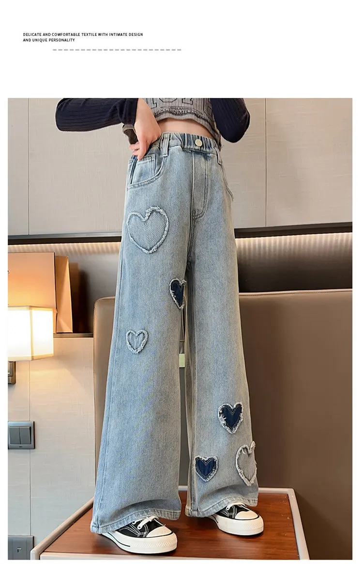 Weite Schulhosen für Mädchen mit Herz-Design, Lässige, Lockere 2025 Neue Frühlingsmode Lange Jeans, Kinderhosen im Koreanischen Stil – Detail 6