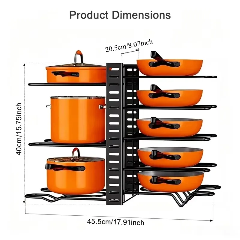 8 Tier Pot Rack Organizer Iron Adjustable Pots Pans Lid Holder Stand for Kitchen Countertop Cabinet Cookware Storage Shelf Racks view 6