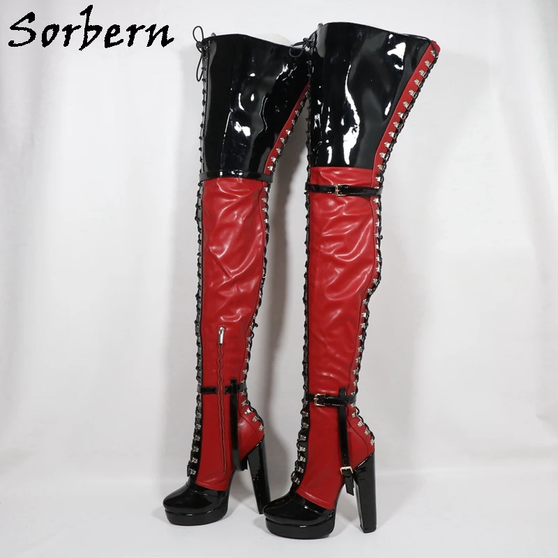 Sorbern Red Shiny Long Boots Women Fetish Style Block High Heel Round Toe Lace Up D-Hooks Crotch Thigh High Boots Female Shoes